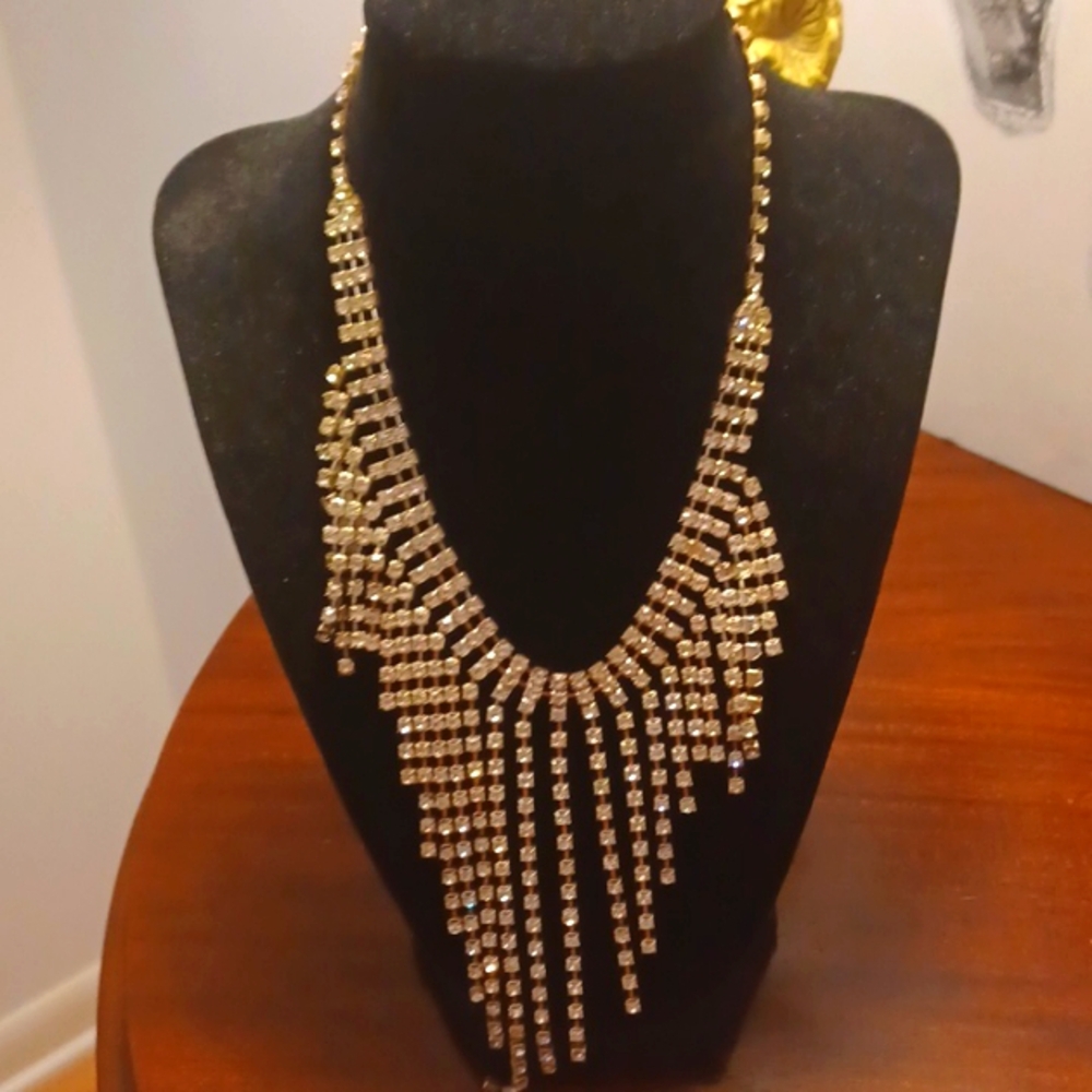 VINTAGE Glam Retro Rhinestone Bib Waterfall Necklace 1960s Wedding Events EUC